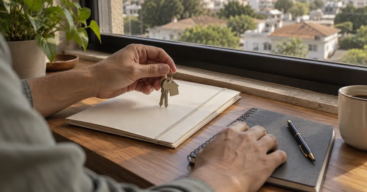 Mãos seguram chaves de casa ao lado de uma pasta de documentos e um caderno de planejamento.