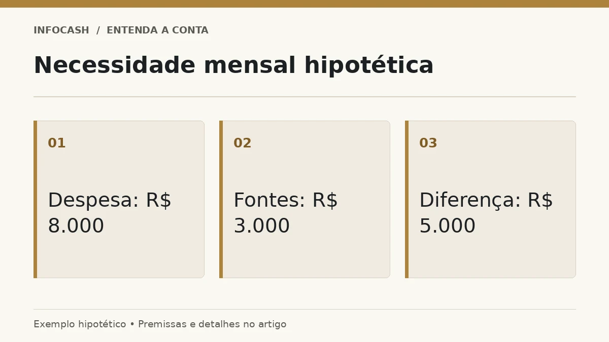 Diagrama: Necessidade mensal hipotética. Despesa: R$ 8.000. Fontes: R$ 3.000. Diferença: R$ 5.000