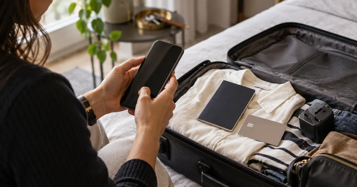Pessoa consulta o celular diante de uma mala aberta com roupas, livreto, cartão e adaptador de viagem.