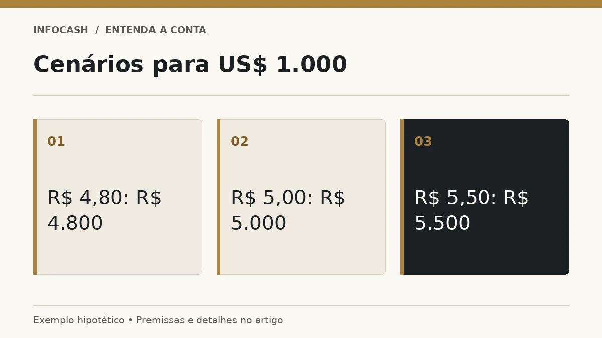 Diagrama: Cenários para US$ 1.000. R$ 4,80: R$ 4.800. R$ 5,00: R$ 5.000. R$ 5,50: R$ 5.500