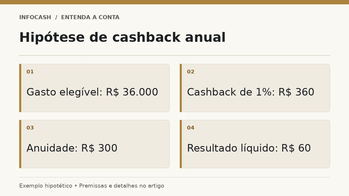 Diagrama: Hipótese de cashback anual. Gasto elegível: R$ 36.000. Cashback de 1%: R$ 360. Anuidade: R$ 300. Resultado líquido: R$ 60