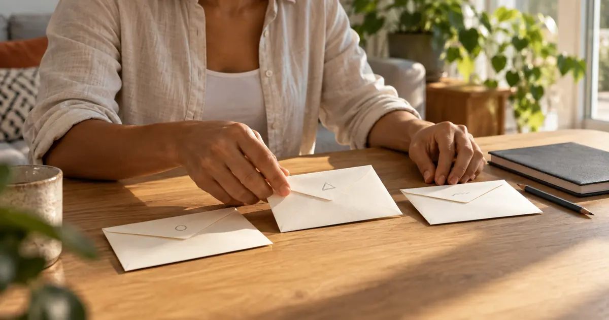 Pessoa separa três envelopes sobre uma mesa para organizar recursos destinados a diferentes objetivos.