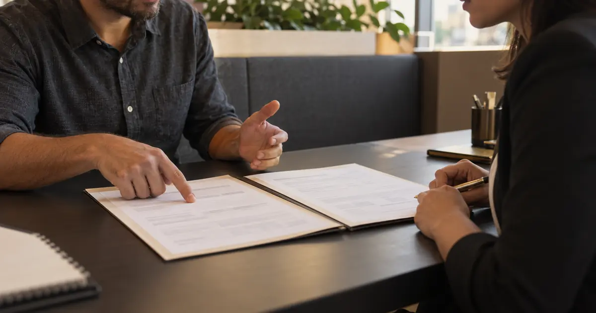 Cliente e profissional analisam duas propostas lado a lado para comparar as condições de crédito.