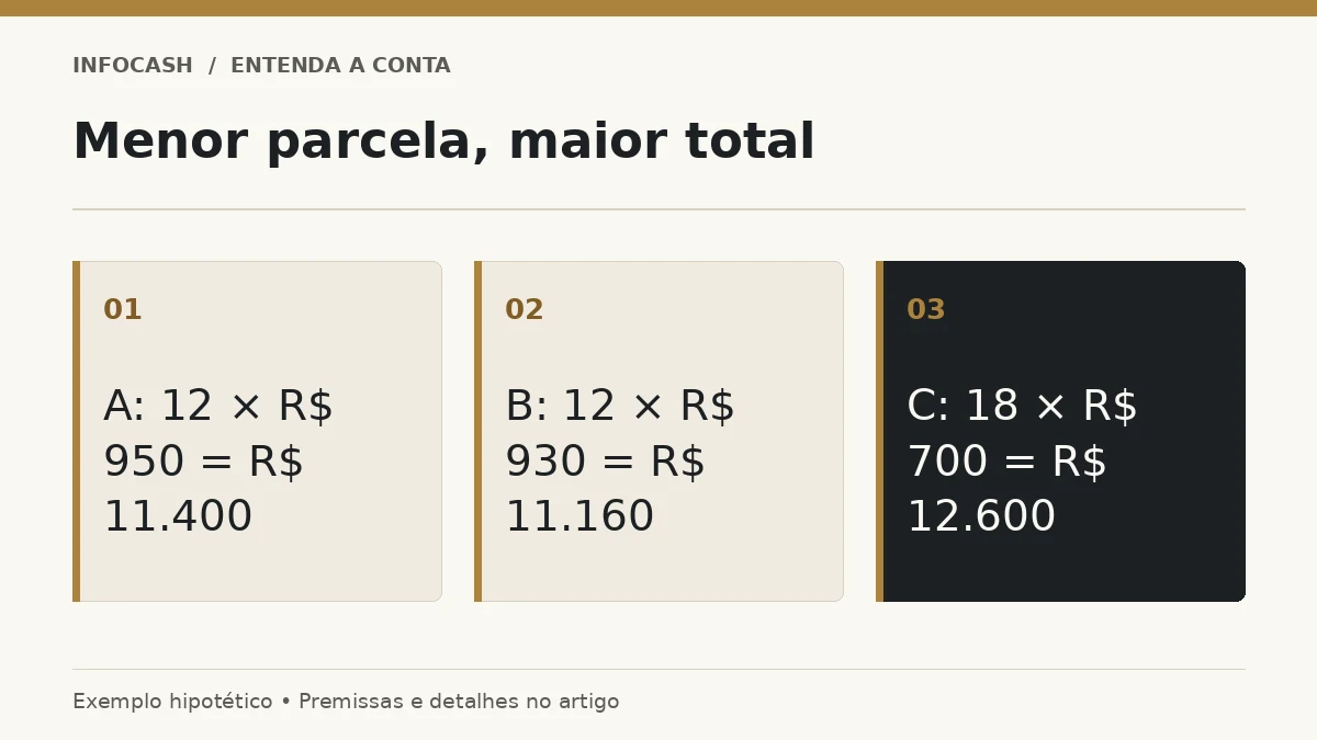 Diagrama: Menor parcela, maior total. A: 12 × R$ 950 = R$ 11.400. B: 12 × R$ 930 = R$ 11.160. C: 18 × R$ 700 = R$ 12.600