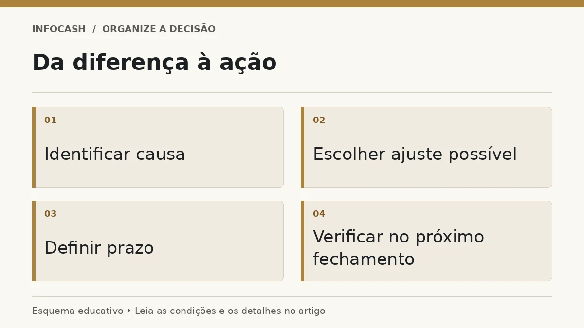 Diagrama: Da diferença à ação. Identificar causa. Escolher ajuste possível. Definir prazo. Verificar no próximo fechamento