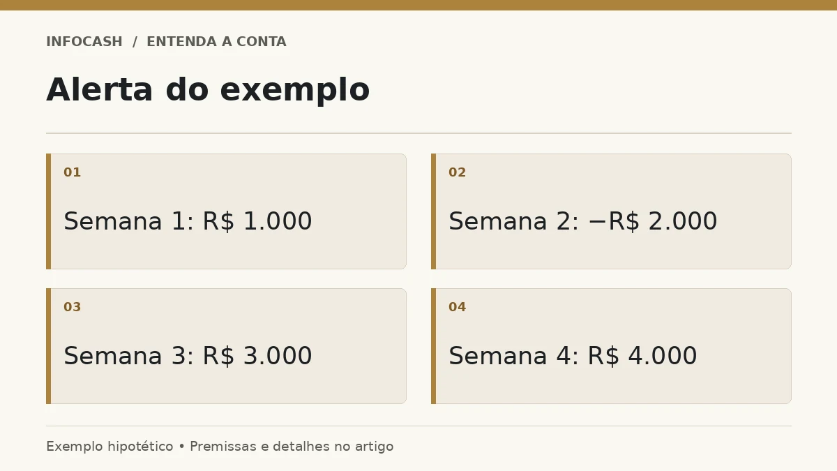 Diagrama: Alerta do exemplo. Semana 1: R$ 1.000. Semana 2: −R$ 2.000. Semana 3: R$ 3.000. Semana 4: R$ 4.000