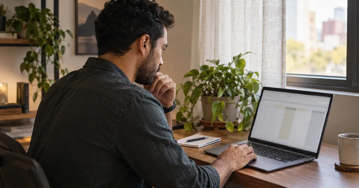 Profissional trabalha em uma planilha no notebook em um espaço doméstico iluminado.