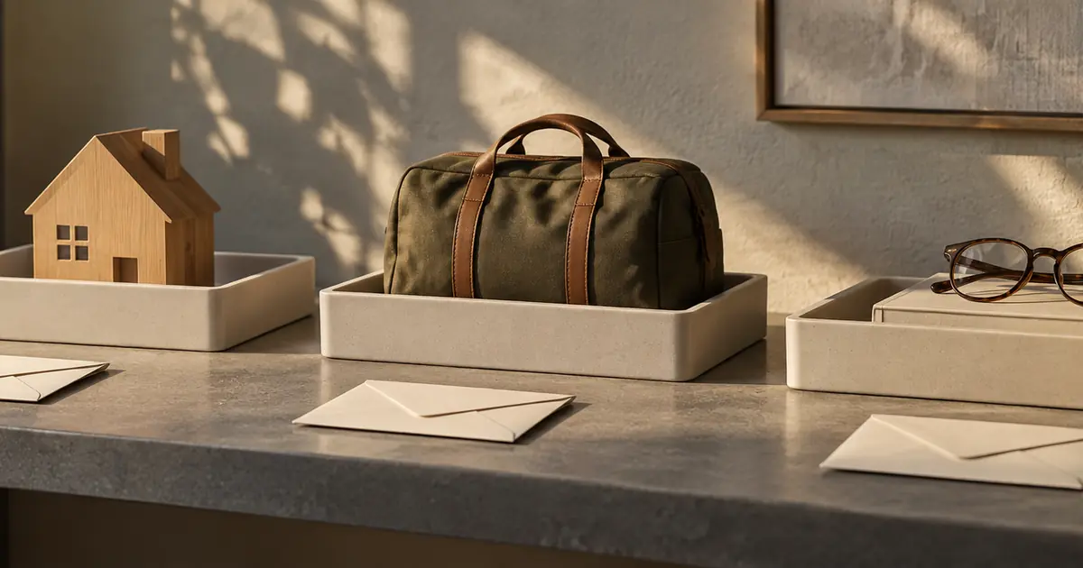 Casa de madeira, bolsa de viagem e óculos sobre um livro, separados em três bandejas com envelopes.