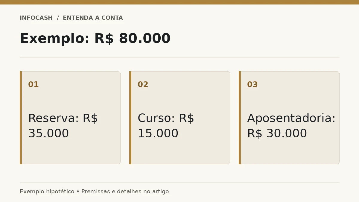 Diagrama: Exemplo: R$ 80.000. Reserva: R$ 35.000. Curso: R$ 15.000. Aposentadoria: R$ 30.000