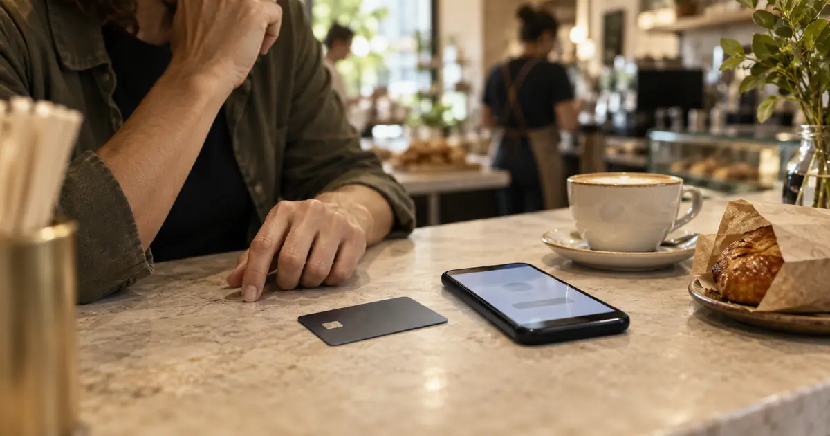 Cartão e celular sobre o balcão de um café representam duas alternativas de pagamento.