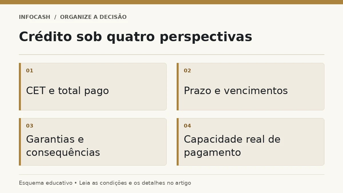 Diagrama: Crédito sob quatro perspectivas. CET e total pago. Prazo e vencimentos. Garantias e consequências. Capacidade real de pagamento