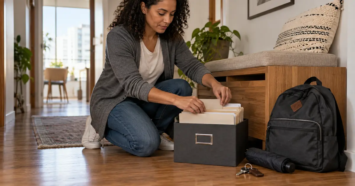 Pessoa organiza pastas de documentos anuais junto a uma mochila escolar e objetos da rotina doméstica.