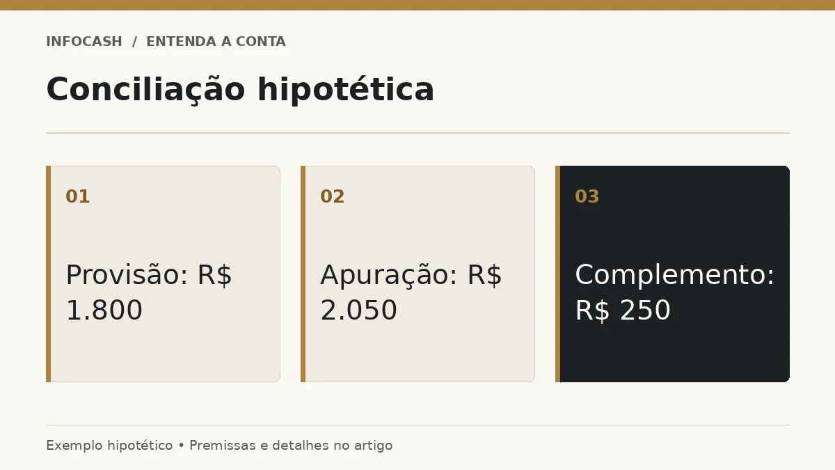 Diagrama: Conciliação hipotética. Provisão: R$ 1.800. Apuração: R$ 2.050. Complemento: R$ 250