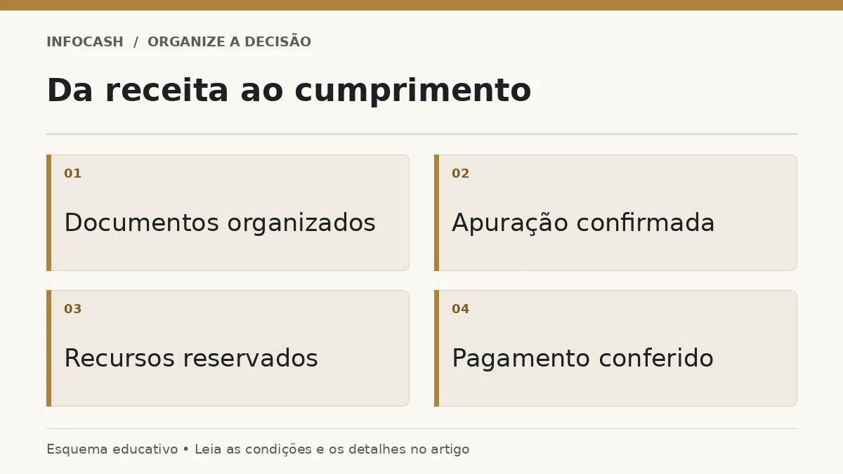 Diagrama: Da receita ao cumprimento. Documentos organizados. Apuração confirmada. Recursos reservados. Pagamento conferido