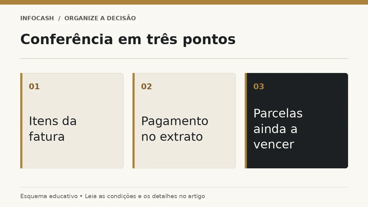 Diagrama: Conferência em três pontos. Itens da fatura. Pagamento no extrato. Parcelas ainda a vencer