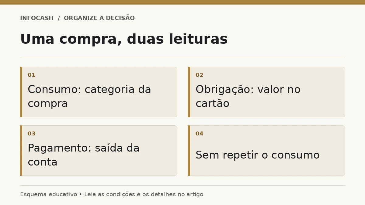 Diagrama: Uma compra, duas leituras. Consumo: categoria da compra. Obrigação: valor no cartão. Pagamento: saída da conta. Sem repetir o consumo