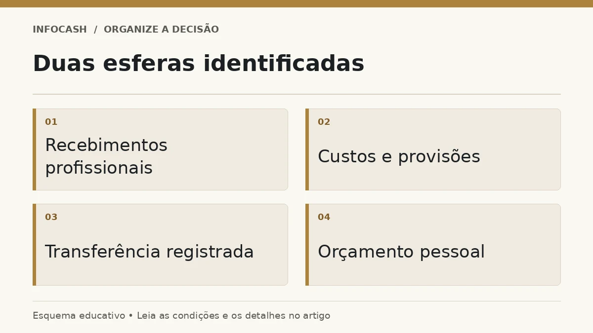 Diagrama: Duas esferas identificadas. Recebimentos profissionais. Custos e provisões. Transferência registrada. Orçamento pessoal
