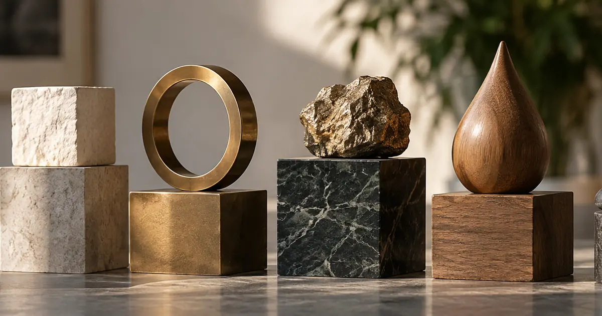 Objetos de pedra, metal e madeira, com formas diferentes, apoiados em bases independentes.