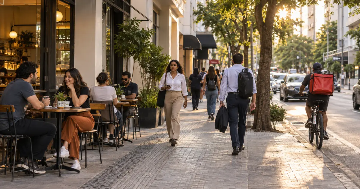 Pedestres, clientes de um café e um entregador de bicicleta em uma rua comercial brasileira.