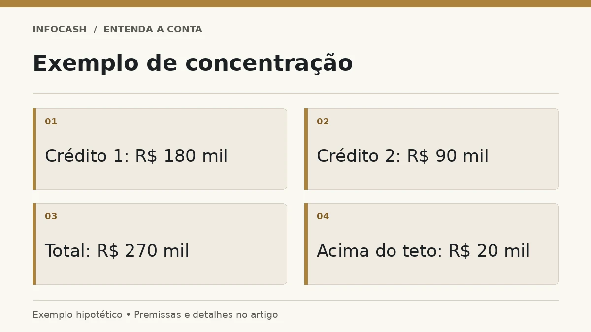 Diagrama: Exemplo de concentração. Crédito 1: R$ 180 mil. Crédito 2: R$ 90 mil. Total: R$ 270 mil. Acima do teto: R$ 20 mil