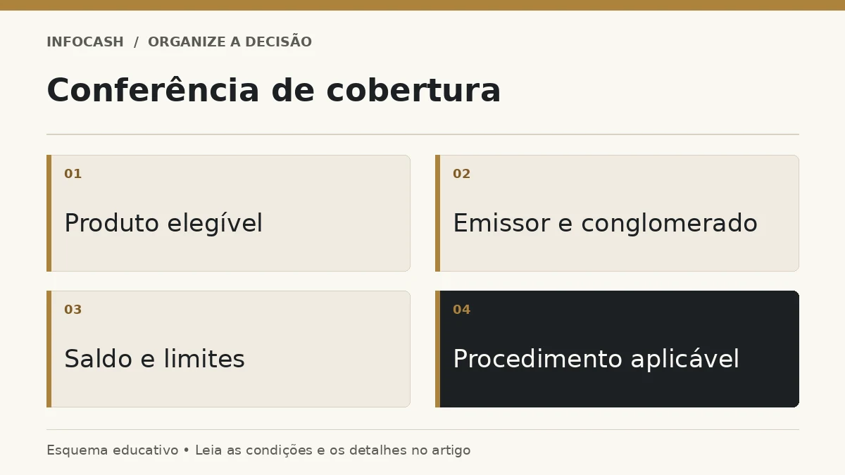 Diagrama: Conferência de cobertura. Produto elegível. Emissor e conglomerado. Saldo e limites. Procedimento aplicável