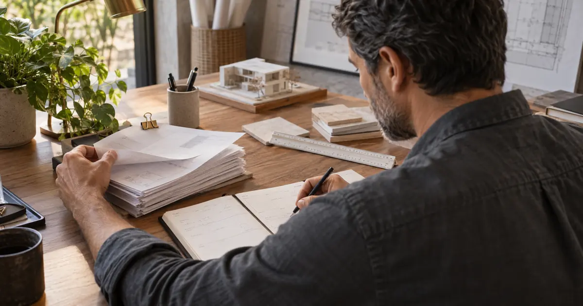 Arquiteto consulta uma agenda e organiza documentos de trabalho em seu escritório.