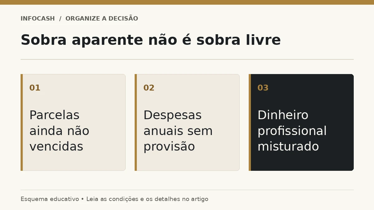 Diagrama: Sobra aparente não é sobra livre. Parcelas ainda não vencidas. Despesas anuais sem provisão. Dinheiro profissional misturado
