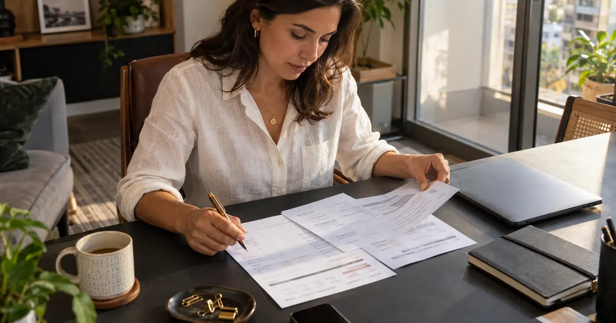 Mulher organiza documentos financeiros em uma mesa, ao lado de notebook fechado e caderno.
