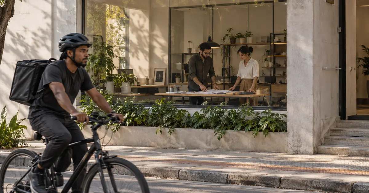 Entregador de bicicleta passa diante de um estúdio onde dois profissionais trabalham.