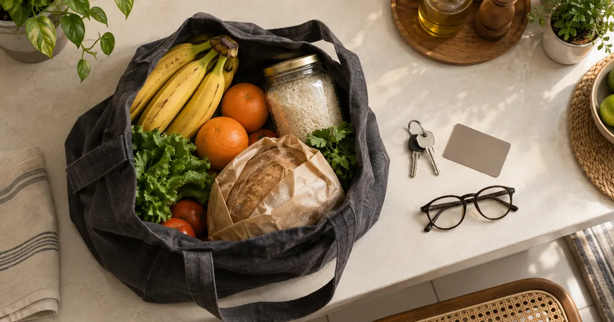 Sacola com alimentos sobre uma bancada, ao lado de chaves, cartão sem identificação e óculos.