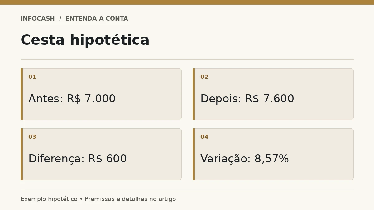 Diagrama: Cesta hipotética. Antes: R$ 7.000. Depois: R$ 7.600. Diferença: R$ 600. Variação: 8,57%