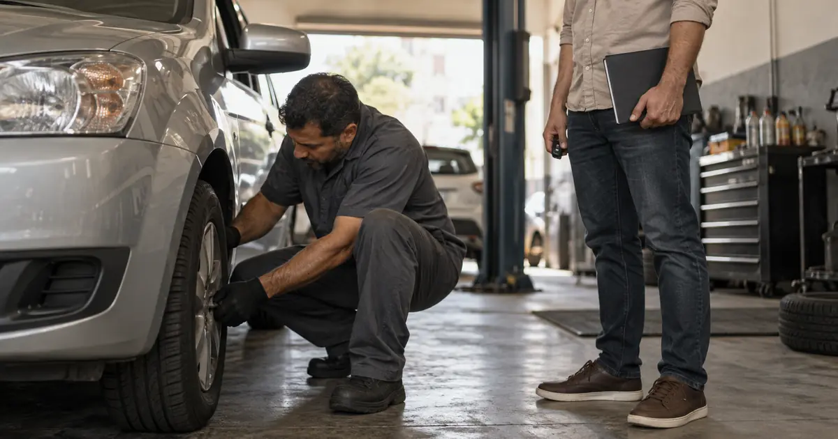 Mecânico verifica o pneu de um carro compacto enquanto a pessoa proprietária acompanha a manutenção.