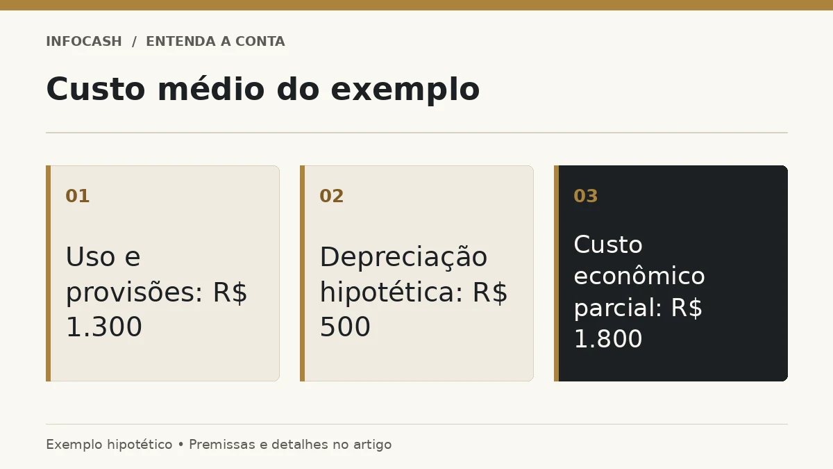 Diagrama: Custo médio do exemplo. Uso e provisões: R$ 1.300. Depreciação hipotética: R$ 500. Custo econômico parcial: R$ 1.800