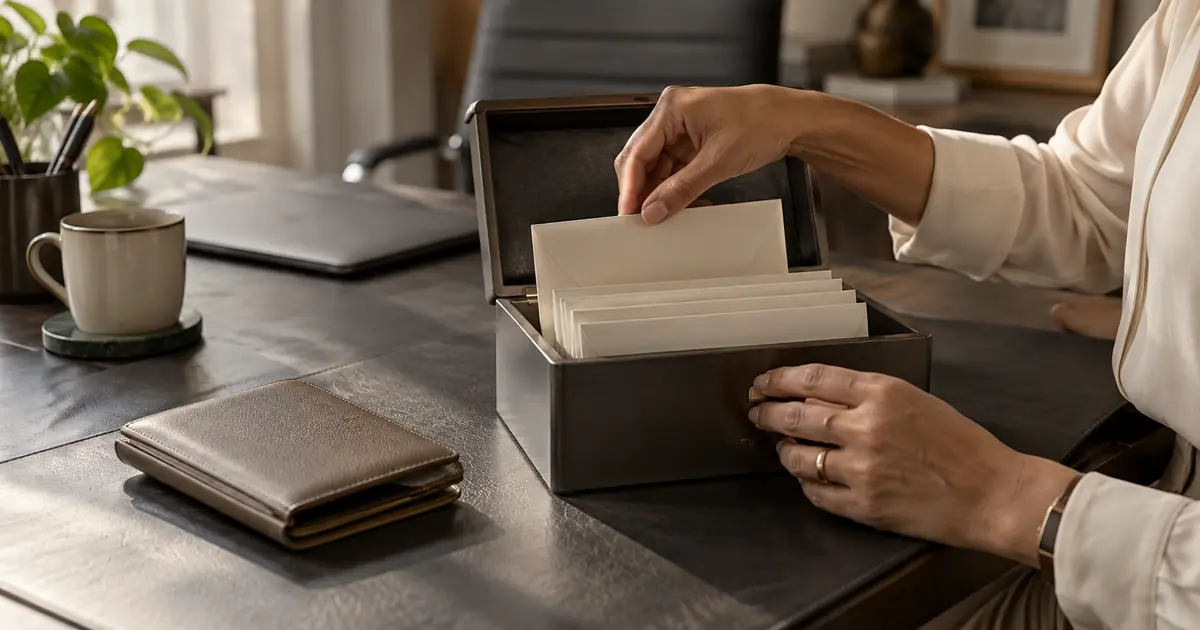 Mãos retiram um envelope de uma caixa que conserva outros envelopes, com carteira pessoal ao lado.