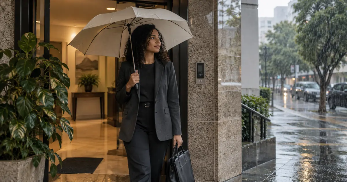 Profissional se prepara para sair ao trabalho com uma bolsa e um guarda-chuva em uma manhã chuvosa.
