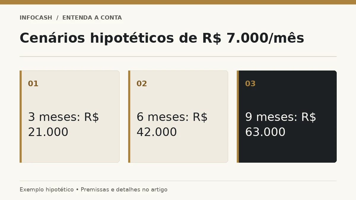 Diagrama: Cenários hipotéticos de R$ 7.000/mês. 3 meses: R$ 21.000. 6 meses: R$ 42.000. 9 meses: R$ 63.000