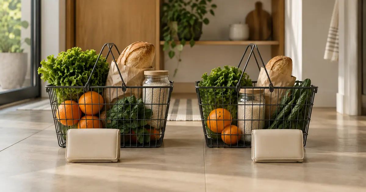 Duas cestas com alimentos em quantidades diferentes e carteiras claras à frente.
