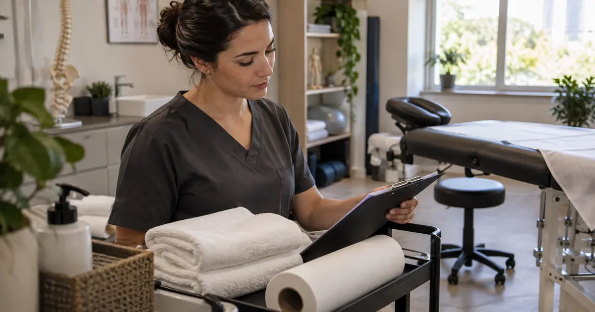 Profissional de fisioterapia confere uma prancheta ao lado de toalhas, frasco e papel usados no atendimento.