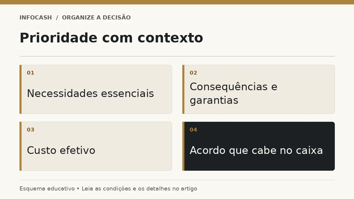 Diagrama: Prioridade com contexto. Necessidades essenciais. Consequências e garantias. Custo efetivo. Acordo que cabe no caixa